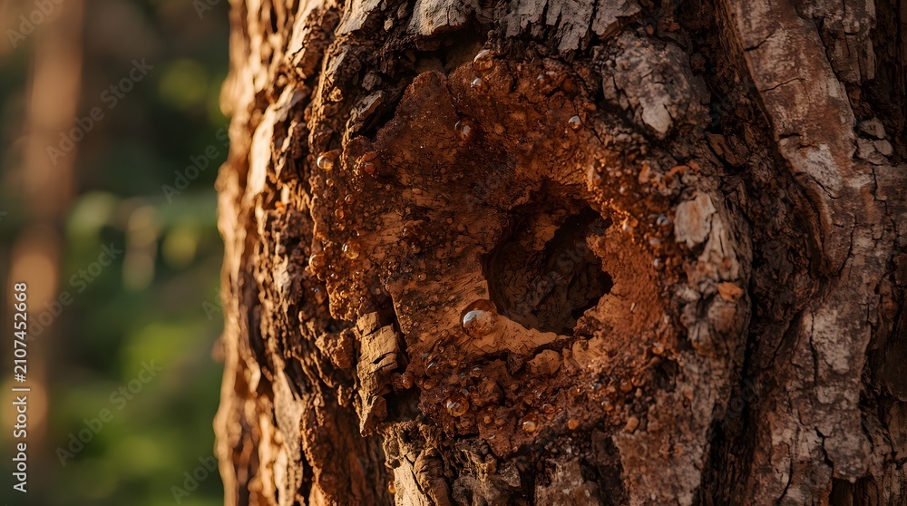 Fototapeta premium Close-up of Tree Bark: A detailed macro shot reveals the textured bark of an old tree, highlighting the intricate patterns and a small hollow, with a soft bokeh of green foliage in the background.