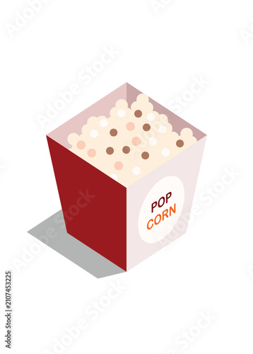 Pop corn in paper bucket container. Simple flat illustration in isometric view