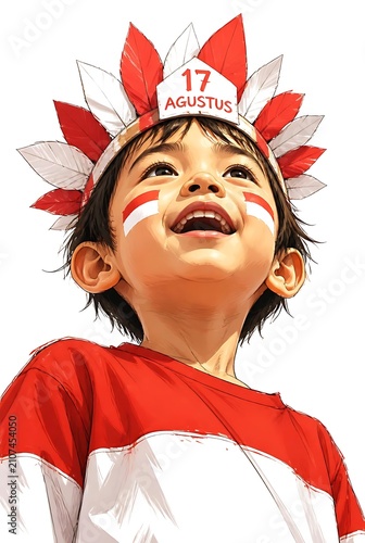 Young Indonesian child wearing patriotic headdress and face paint celebrating Independence Day.