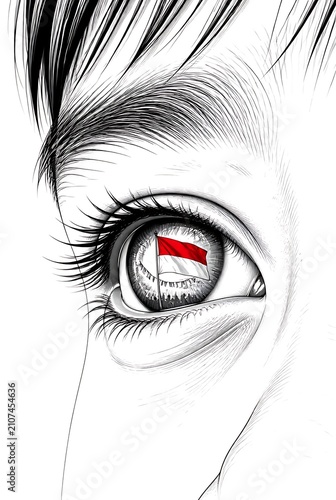Close up of a human eye reflecting the Indonesian flag, symbolizing national pride and identity.