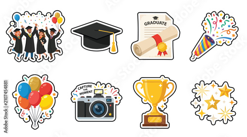 Collection of graduation celebration icons including graduates, cap, diploma, confetti, balloons, camera, trophy, and stars.