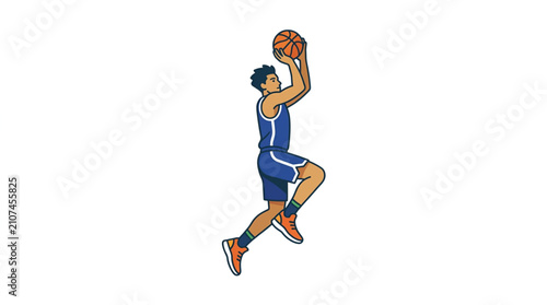 Foto Basketball Player Leaping to Shoot Ball in Game Action.