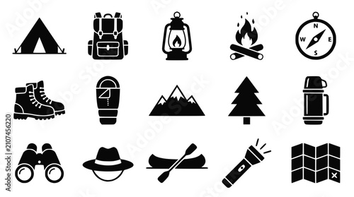 Camping and outdoor adventure vector icon set