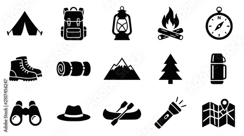 Camping and outdoor adventure icon set, black vector glyphs