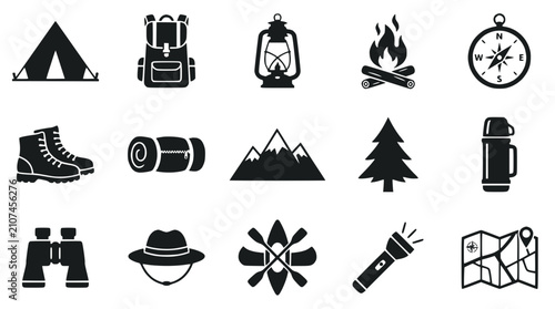 Camping and outdoor adventure icons set, hiking equipment silhouettes