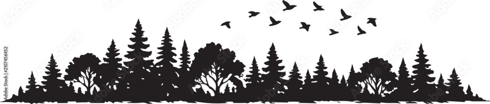 Obraz premium Forest tree line silhouettes with pine and deciduous trees including flying birds for nature landscape design vector.