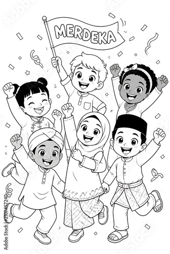 Diverse group of children celebrating Merdeka Day with a flag.