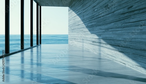 Abstract concrete wall in room facing the sea.