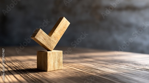 Wooden checkmark block standing on a rustic wooden table.