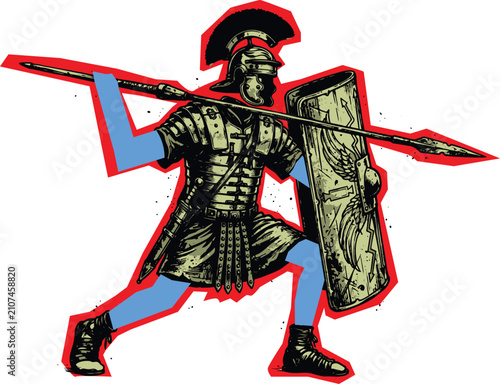 Foto Vintage roman legionary soldier with spear and scutum shield vector clipart legi