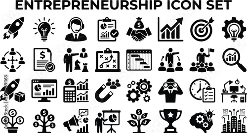 Entrepreneurship and business startup icon set for strategic growth