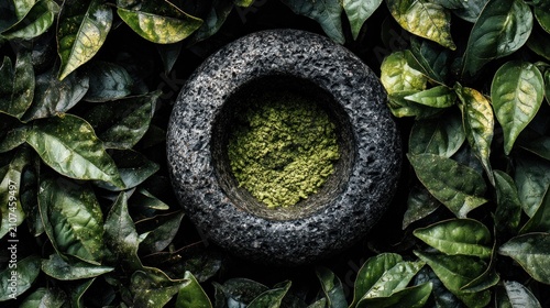 Stone mortar and pestle with green herbs surrounded by greenery
