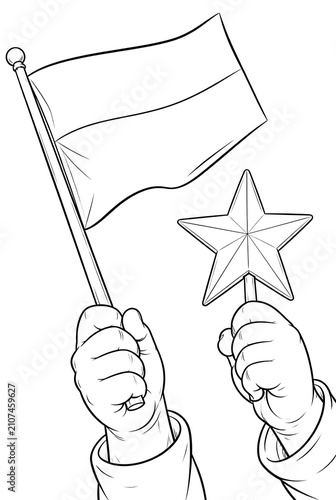 Childs Hands Holding a Waving Flag and a Star on a Stick.