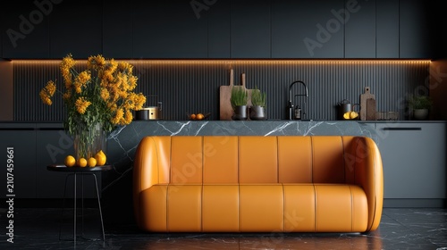 Modern interior design orange sofa and yellow flowers in a contemporary setting