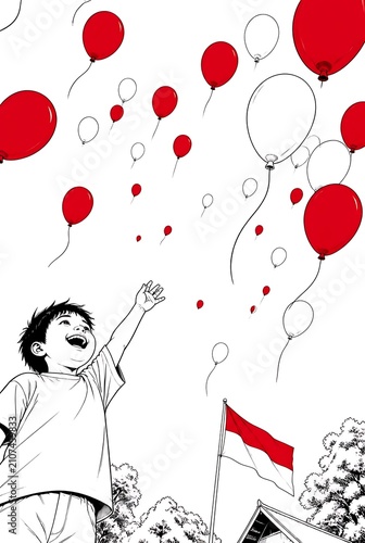 Joyful child releasing red and white balloons into the sky with Indonesian flag.