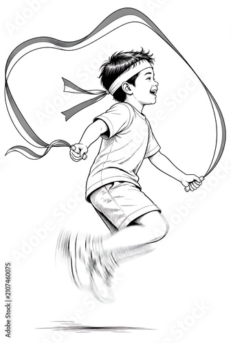 Young Boy Jumping Rope with Ribbon.