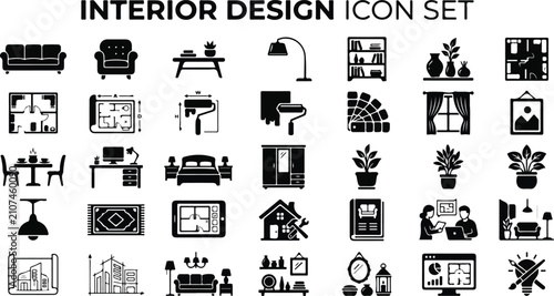 Interior design and home renovation icon set for furniture and decor