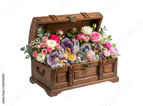 Antique wooden treasure chest filled with vibrant pink roses and various sparkling healing crystals isolated on white background isolated on a transparent background