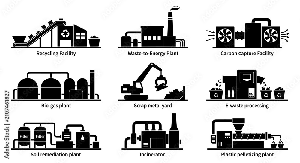 Fototapeta premium Industrial waste management and recycling facility icon set.