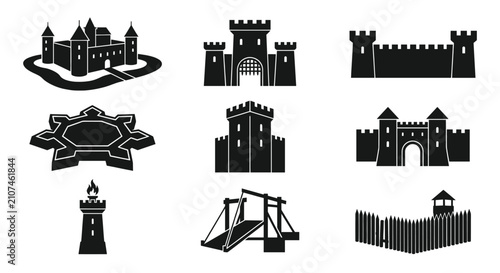 Tableau sur toile Medieval fortifications and defensive castle icon set.