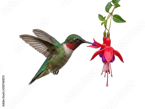 Close up of a ruby-throated hummingbird feeding from a delicate pink fuchsia flower isolated on a solid black white background isolated on a transparent background