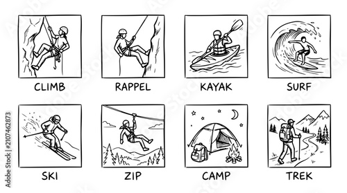 Hand drawn outdoor adventure sport icons climb rappel kayak surf ski zip camp trek, black ink sketch vector illustration
