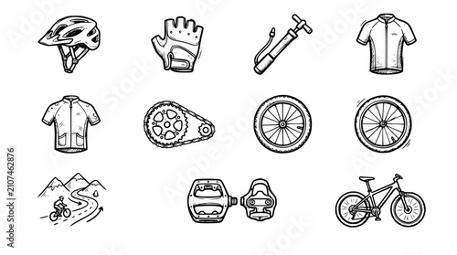 Hand drawn cycling bike sport icons helmet glove pump jersey gear wheel route clip, black ink sketch vector illustration