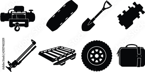 Foto Offroad Vehicle Accessories Silhouettes Set Featuring Electric Winch, Recovery T