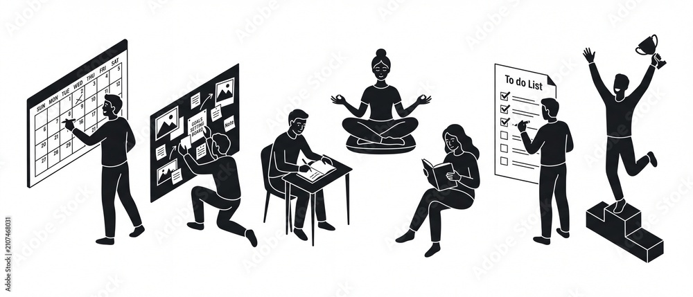 Obraz premium Collection of isometric business icons depicting planning learning meditation and success perfect for presentations and infographics