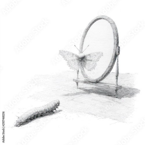 Caterpillar seeing butterfly reflection in vintage mirror.