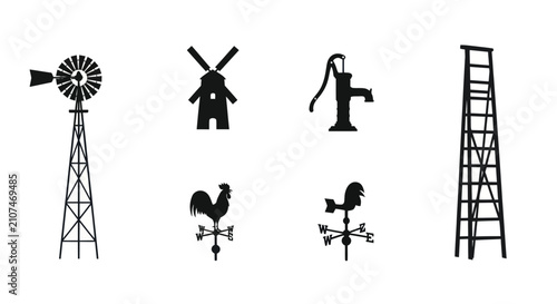 Bild auf Leinwand Rural farm structure and weather vane silhouettes