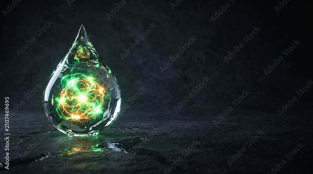 Obraz premium Glowing Energy Core Inside Transparent Water Drop on Dark Background
