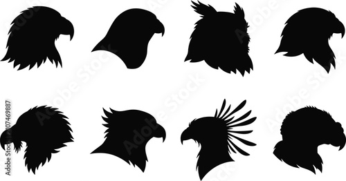 Konstfotografi Birds of Prey Head Silhouettes Set Featuring Eagle, Falcon, Hawk, Vulture, Harpy