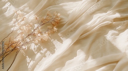 Dried flowers on beige fabric with sunlight.
