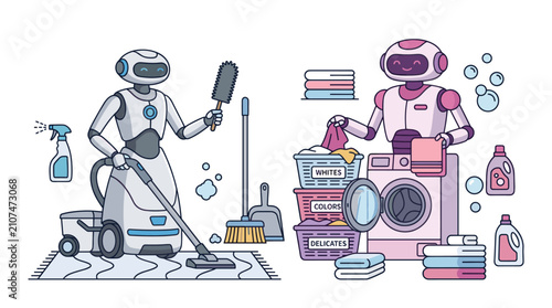 Fotografie Domestic helper robots vacuuming and washing laundry.