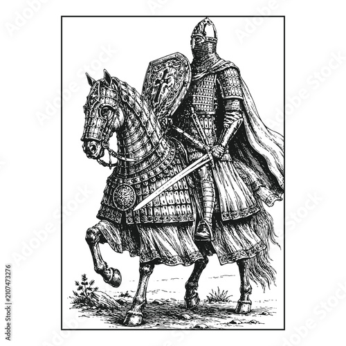 Cuadro en lienzo Antique Engraving Illustration of a Medieval Knight in Full Armor on Horseback
