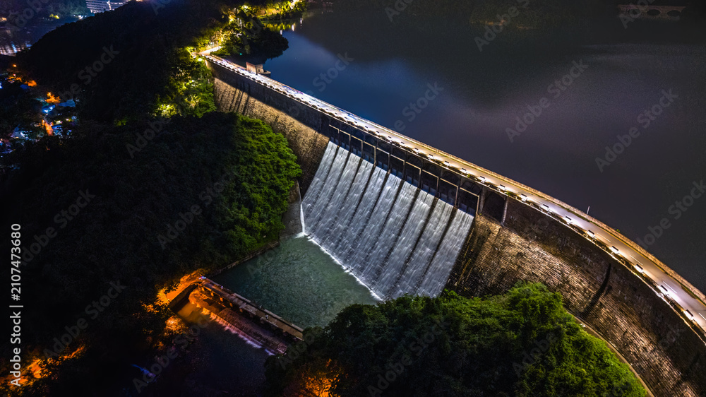 Fototapeta premium Hong Kong, July 18 2026 Night Tai Tam Tuk Reservoir Dam