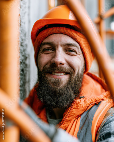 Man wearing orange safety helmet and jacket smiles warmly at construction site behind scaffolding.