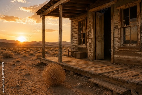 Abandoned desert cabin porch with a slightly ajar door and a tumbleweed at golden hour.