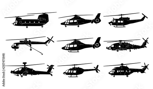 Fotografija Collection of detailed black silhouette icons featuring different helicopter tra