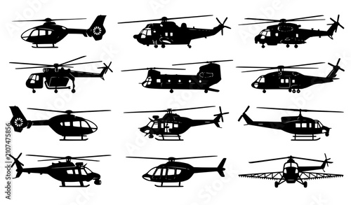 Illustrated set of twelve black helicopter silhouettes showing various aircraft designs including cargo, agricultural, and utility helicopters in side profile