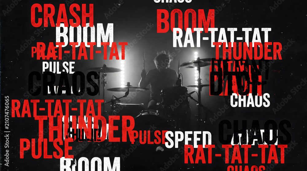 Fototapeta premium Silhouette of an energetic drummer on stage with dynamic rock music sound words and typography.