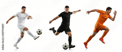 Collection of three male soccer players in isolated action poses on white background
