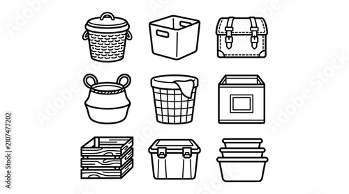 Foto Household baskets and storage container line icons.