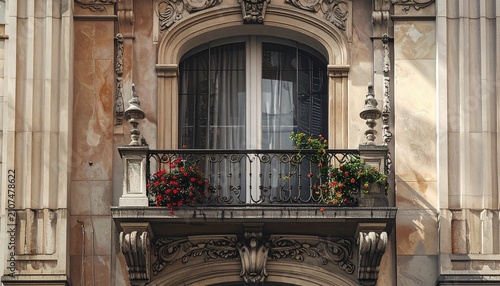 Ornate Balcony with Wrought Iron Railing and Floral Accents.