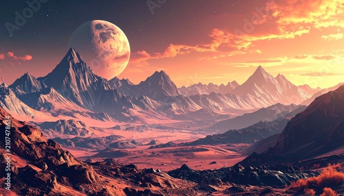 Otherworldly Landscape - Majestic Mountains and a Giant Moon at Sunset.