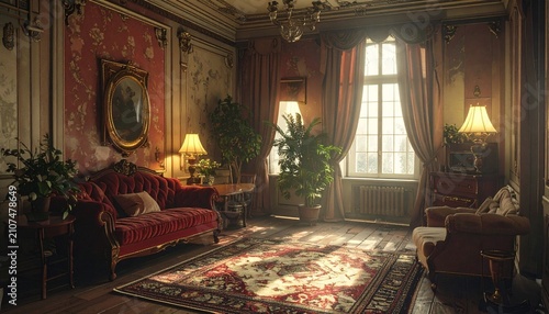 Opulent Living Room with Red Accents and Natural Light.