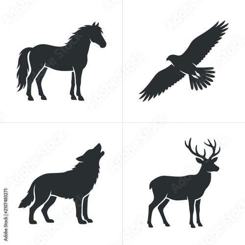 Foto Silhouettes of horse wolf eagle deer.