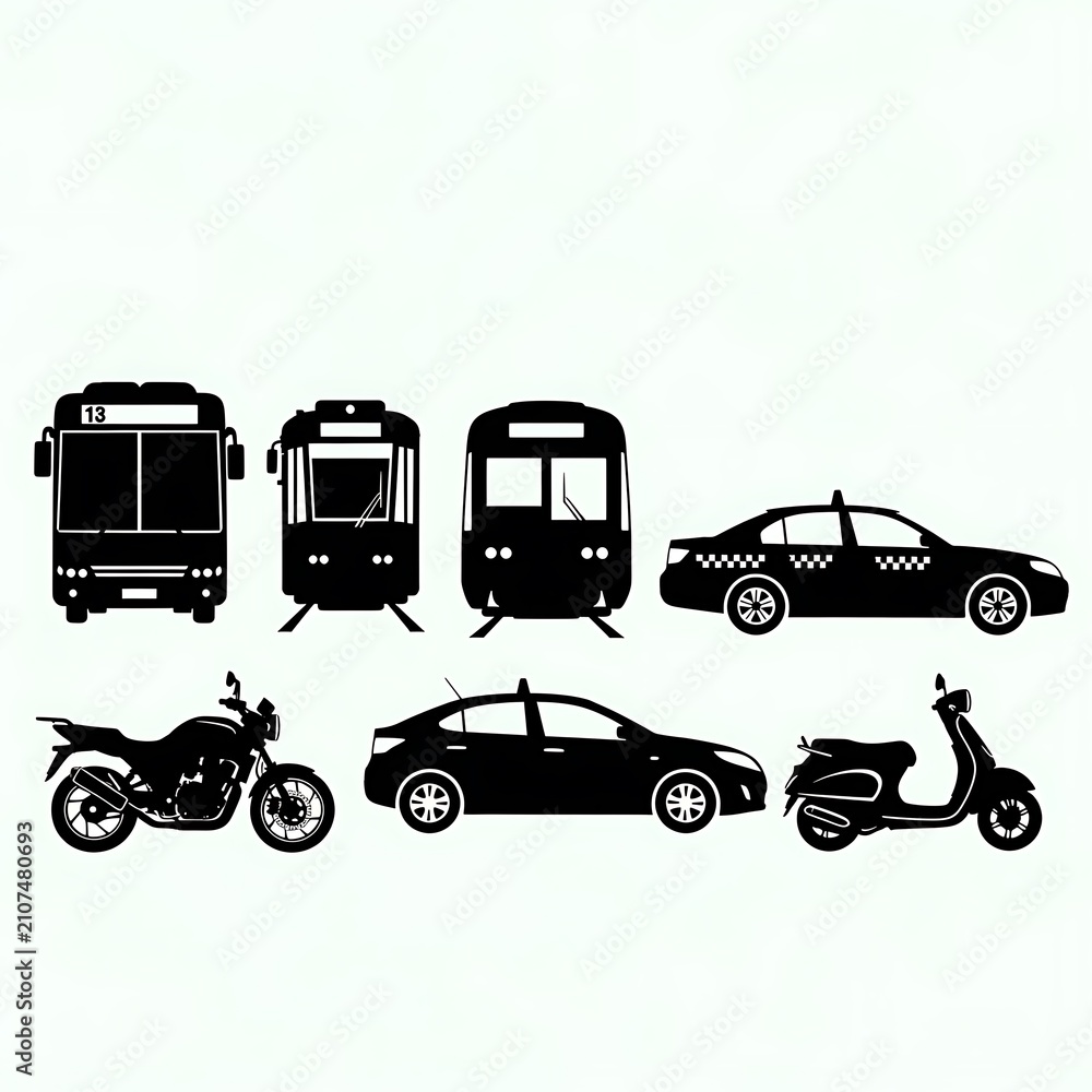 Fototapeta premium Collection of vintage trucks and motorcycles in black and white.