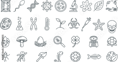 Cuadro en lienzo Biology and Life Science Line Icon Set Featuring Genetics, Microbiology, Laborat